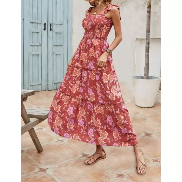 imageZESICA Womens Boho Summer Floral Print Tie Straps Sleeveless Square Neck Smocked Flowy Ruffle A Line Maxi DressBurntbrick