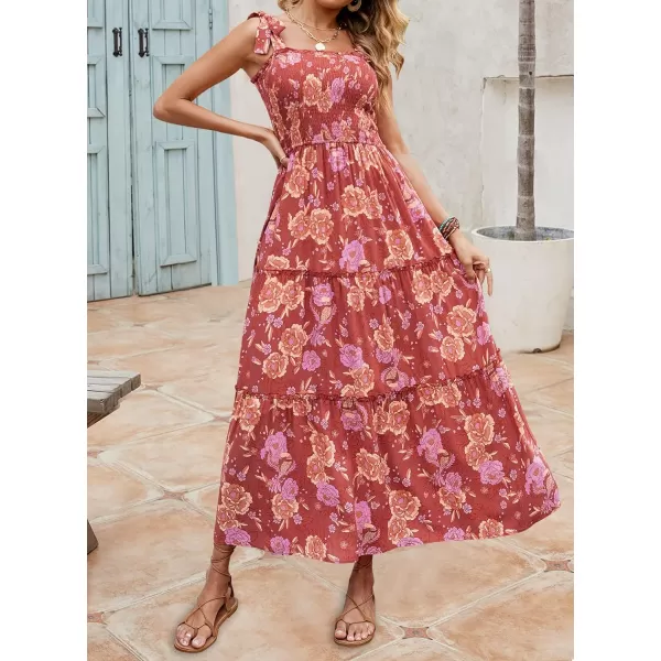 imageZESICA Womens Boho Summer Floral Print Tie Straps Sleeveless Square Neck Smocked Flowy Ruffle A Line Maxi DressBurntbrick