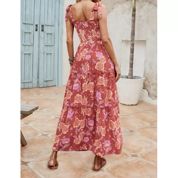 imageZESICA Womens Boho Summer Floral Print Tie Straps Sleeveless Square Neck Smocked Flowy Ruffle A Line Maxi DressBurntbrick