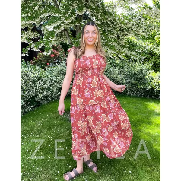 imageZESICA Womens Boho Summer Floral Print Tie Straps Sleeveless Square Neck Smocked Flowy Ruffle A Line Maxi DressBurntbrick