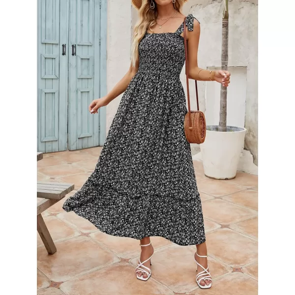 imageZESICA Womens Boho Summer Floral Print Tie Straps Sleeveless Square Neck Smocked Flowy Ruffle A Line Maxi DressCharcoal
