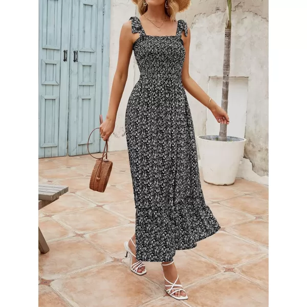 imageZESICA Womens Boho Summer Floral Print Tie Straps Sleeveless Square Neck Smocked Flowy Ruffle A Line Maxi DressCharcoal