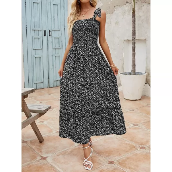 imageZESICA Womens Boho Summer Floral Print Tie Straps Sleeveless Square Neck Smocked Flowy Ruffle A Line Maxi DressCharcoal