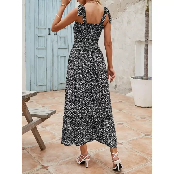 imageZESICA Womens Boho Summer Floral Print Tie Straps Sleeveless Square Neck Smocked Flowy Ruffle A Line Maxi DressCharcoal
