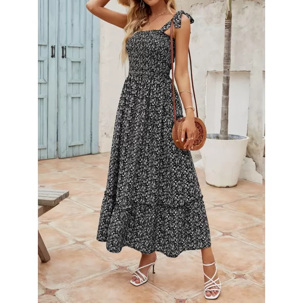 imageZESICA Womens Boho Summer Floral Print Tie Straps Sleeveless Square Neck Smocked Flowy Ruffle A Line Maxi DressCharcoal