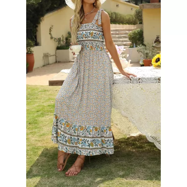 imageZESICA Womens Boho Summer Floral Print Tie Straps Sleeveless Square Neck Smocked Flowy Ruffle A Line Maxi DressCream