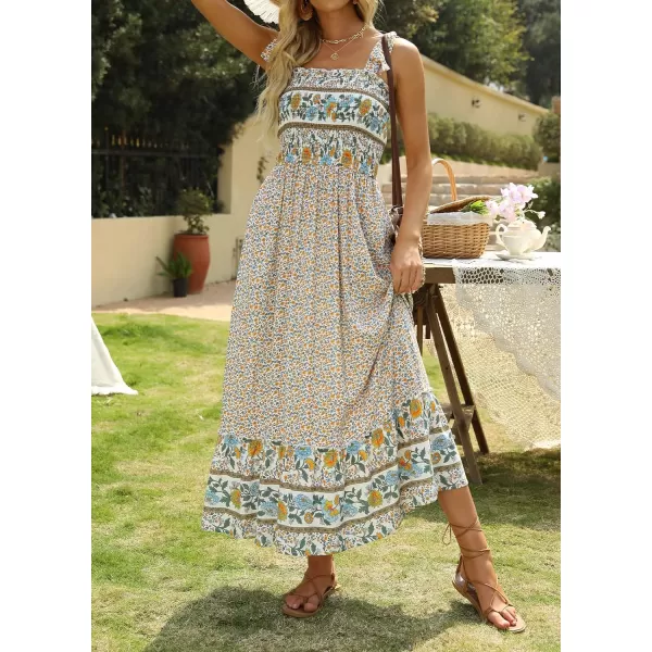 imageZESICA Womens Boho Summer Floral Print Tie Straps Sleeveless Square Neck Smocked Flowy Ruffle A Line Maxi DressCream