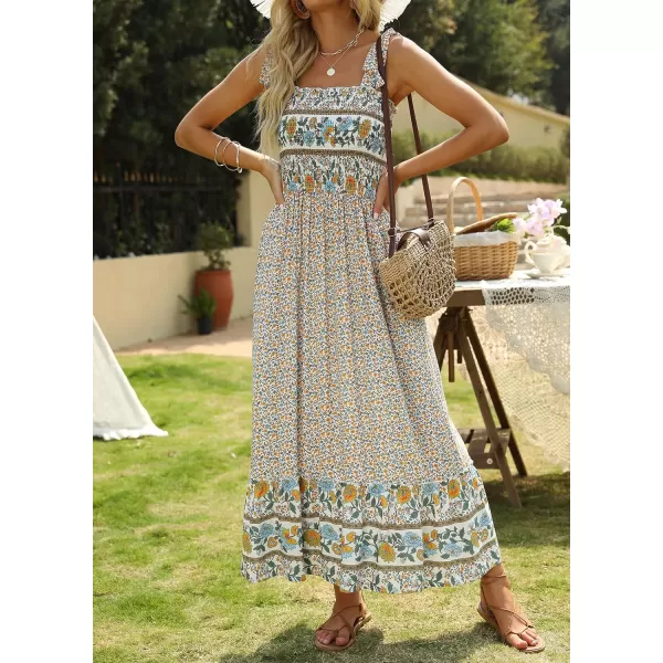 imageZESICA Womens Boho Summer Floral Print Tie Straps Sleeveless Square Neck Smocked Flowy Ruffle A Line Maxi DressCream