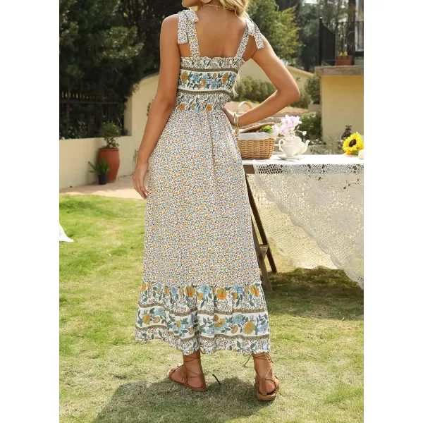 imageZESICA Womens Boho Summer Floral Print Tie Straps Sleeveless Square Neck Smocked Flowy Ruffle A Line Maxi DressCream