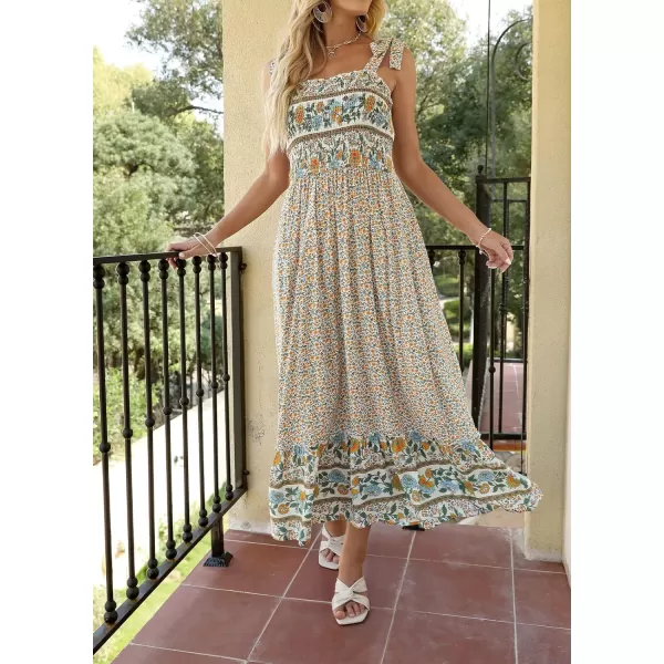 imageZESICA Womens Boho Summer Floral Print Tie Straps Sleeveless Square Neck Smocked Flowy Ruffle A Line Maxi DressCream