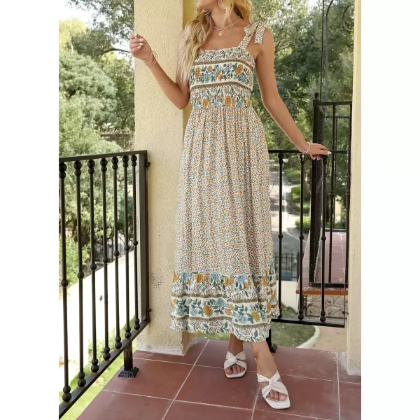 imageZESICA Womens Boho Summer Floral Print Tie Straps Sleeveless Square Neck Smocked Flowy Ruffle A Line Maxi DressCream
