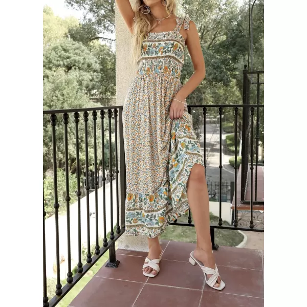 imageZESICA Womens Boho Summer Floral Print Tie Straps Sleeveless Square Neck Smocked Flowy Ruffle A Line Maxi DressCream