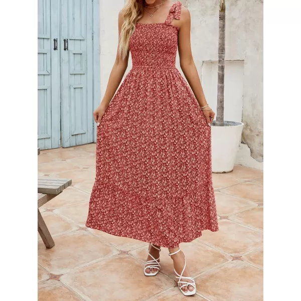 imageZESICA Womens Boho Summer Floral Print Tie Straps Sleeveless Square Neck Smocked Flowy Ruffle A Line Maxi DressDarkred