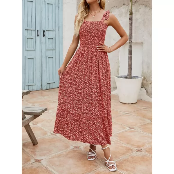 imageZESICA Womens Boho Summer Floral Print Tie Straps Sleeveless Square Neck Smocked Flowy Ruffle A Line Maxi DressDarkred