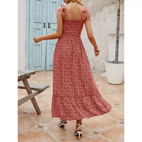 imageZESICA Womens Boho Summer Floral Print Tie Straps Sleeveless Square Neck Smocked Flowy Ruffle A Line Maxi DressDarkred
