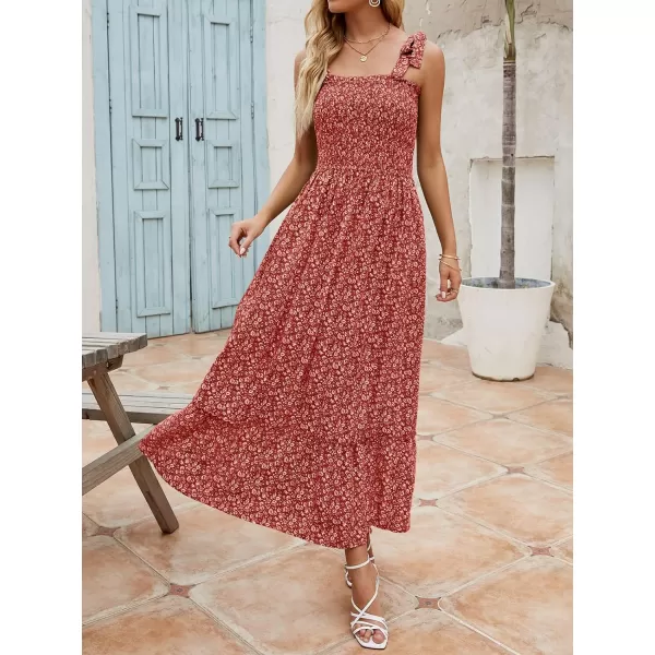 imageZESICA Womens Boho Summer Floral Print Tie Straps Sleeveless Square Neck Smocked Flowy Ruffle A Line Maxi DressDarkred