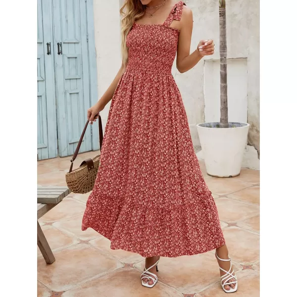 imageZESICA Womens Boho Summer Floral Print Tie Straps Sleeveless Square Neck Smocked Flowy Ruffle A Line Maxi DressDarkred
