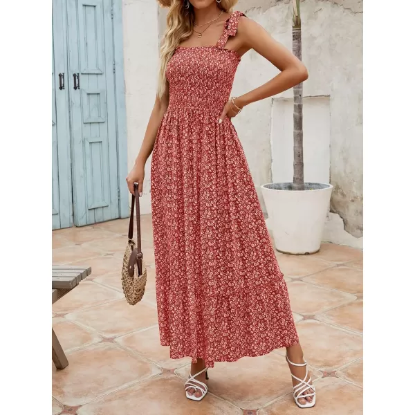 imageZESICA Womens Boho Summer Floral Print Tie Straps Sleeveless Square Neck Smocked Flowy Ruffle A Line Maxi DressDarkred