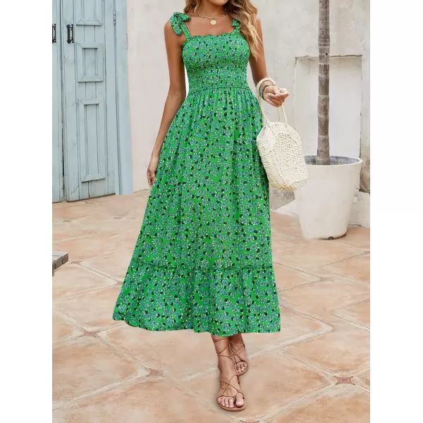 imageZESICA Womens Boho Summer Floral Print Tie Straps Sleeveless Square Neck Smocked Flowy Ruffle A Line Maxi DressGrassgreen