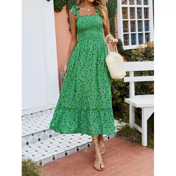 imageZESICA Womens Boho Summer Floral Print Tie Straps Sleeveless Square Neck Smocked Flowy Ruffle A Line Maxi DressGrassgreen