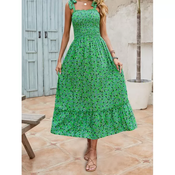 imageZESICA Womens Boho Summer Floral Print Tie Straps Sleeveless Square Neck Smocked Flowy Ruffle A Line Maxi DressGrassgreen