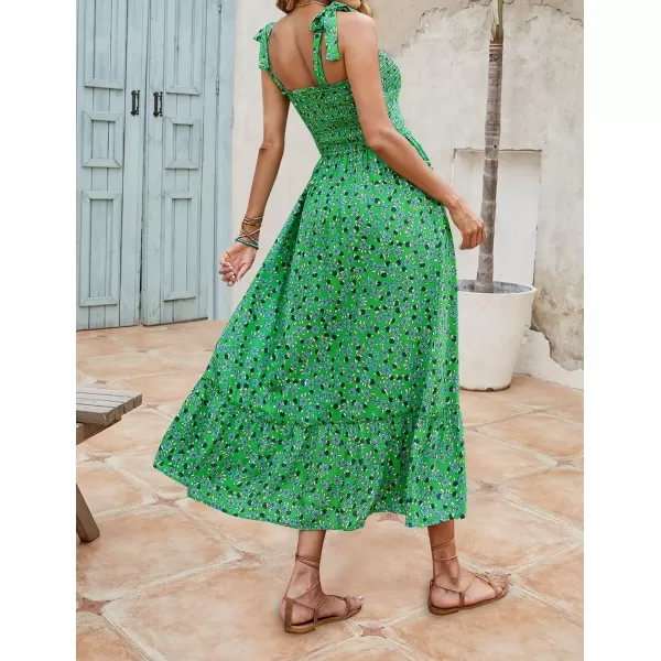 imageZESICA Womens Boho Summer Floral Print Tie Straps Sleeveless Square Neck Smocked Flowy Ruffle A Line Maxi DressGrassgreen
