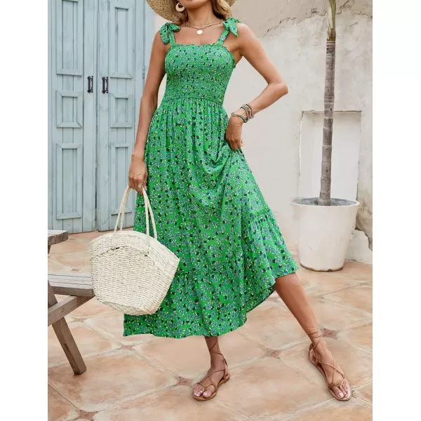 imageZESICA Womens Boho Summer Floral Print Tie Straps Sleeveless Square Neck Smocked Flowy Ruffle A Line Maxi DressGrassgreen