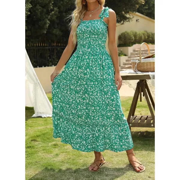 imageZESICA Womens Boho Summer Floral Print Tie Straps Sleeveless Square Neck Smocked Flowy Ruffle A Line Maxi DressGreen