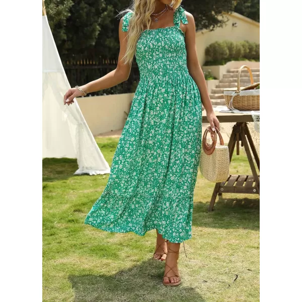 imageZESICA Womens Boho Summer Floral Print Tie Straps Sleeveless Square Neck Smocked Flowy Ruffle A Line Maxi DressGreen