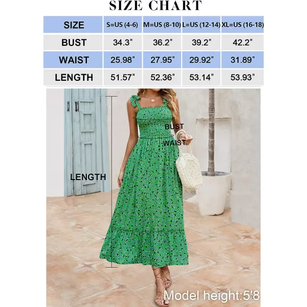 imageZESICA Womens Boho Summer Floral Print Tie Straps Sleeveless Square Neck Smocked Flowy Ruffle A Line Maxi DressGreen