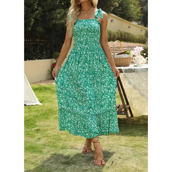 imageZESICA Womens Boho Summer Floral Print Tie Straps Sleeveless Square Neck Smocked Flowy Ruffle A Line Maxi DressGreen