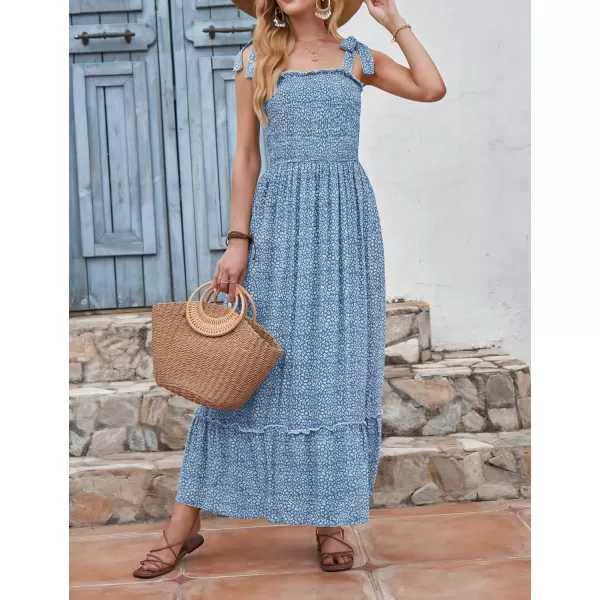 imageZESICA Womens Boho Summer Floral Print Tie Straps Sleeveless Square Neck Smocked Flowy Ruffle A Line Maxi DressGreyblue
