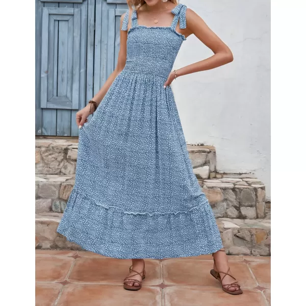imageZESICA Womens Boho Summer Floral Print Tie Straps Sleeveless Square Neck Smocked Flowy Ruffle A Line Maxi DressGreyblue