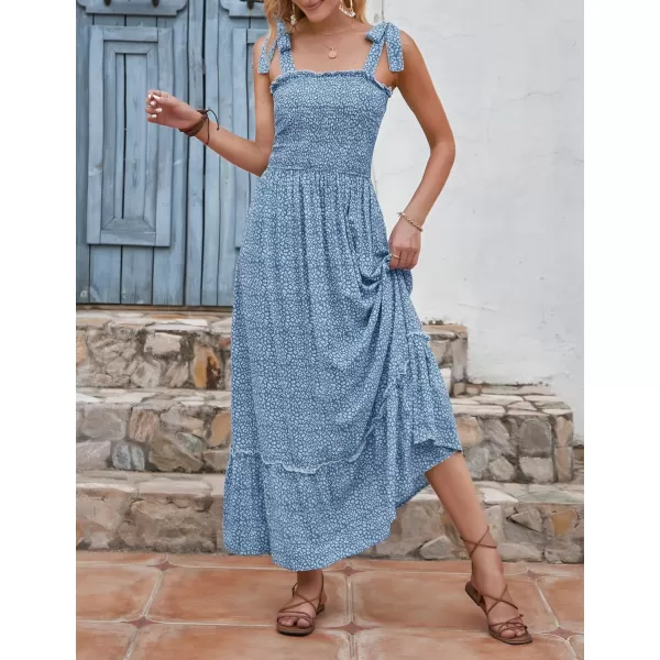 imageZESICA Womens Boho Summer Floral Print Tie Straps Sleeveless Square Neck Smocked Flowy Ruffle A Line Maxi DressGreyblue
