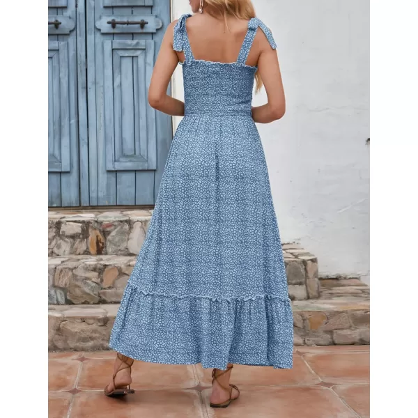 imageZESICA Womens Boho Summer Floral Print Tie Straps Sleeveless Square Neck Smocked Flowy Ruffle A Line Maxi DressGreyblue