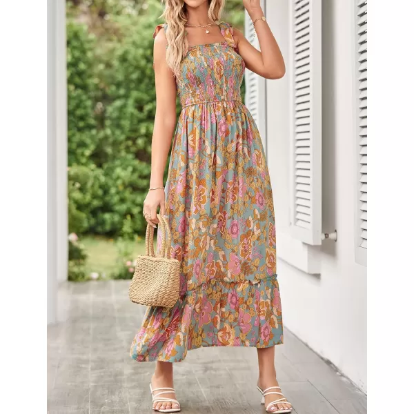 imageZESICA Womens Boho Summer Floral Print Tie Straps Sleeveless Square Neck Smocked Flowy Ruffle A Line Maxi DressGreygreen