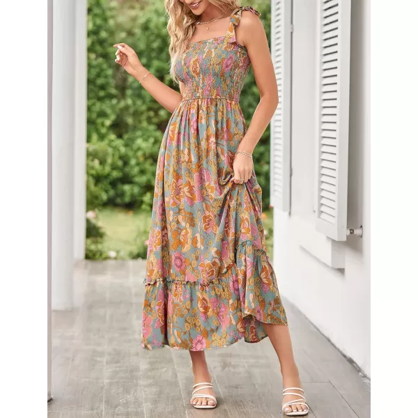 imageZESICA Womens Boho Summer Floral Print Tie Straps Sleeveless Square Neck Smocked Flowy Ruffle A Line Maxi DressGreygreen