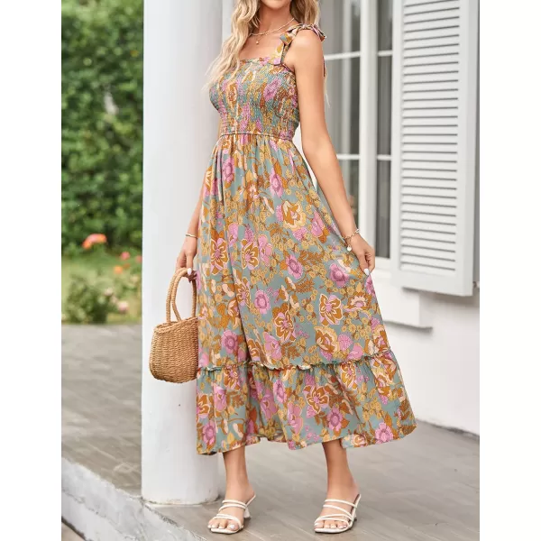 imageZESICA Womens Boho Summer Floral Print Tie Straps Sleeveless Square Neck Smocked Flowy Ruffle A Line Maxi DressGreygreen