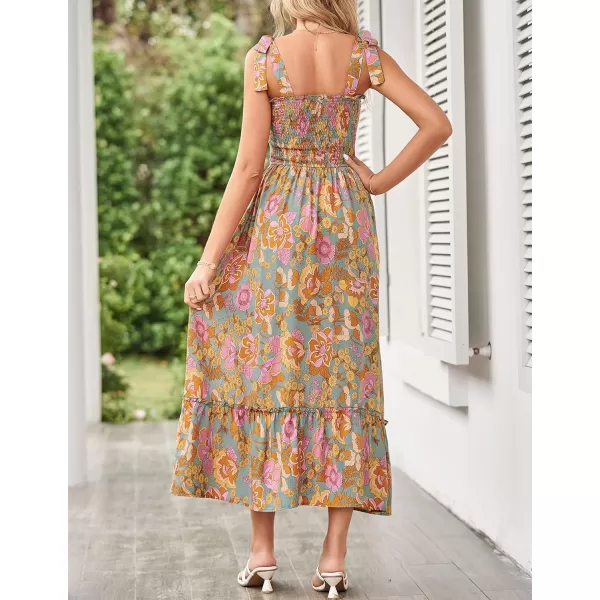 imageZESICA Womens Boho Summer Floral Print Tie Straps Sleeveless Square Neck Smocked Flowy Ruffle A Line Maxi DressGreygreen
