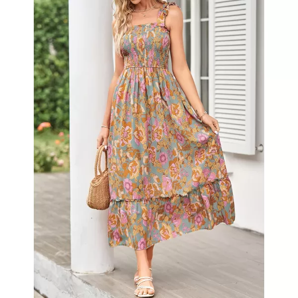 imageZESICA Womens Boho Summer Floral Print Tie Straps Sleeveless Square Neck Smocked Flowy Ruffle A Line Maxi DressGreygreen