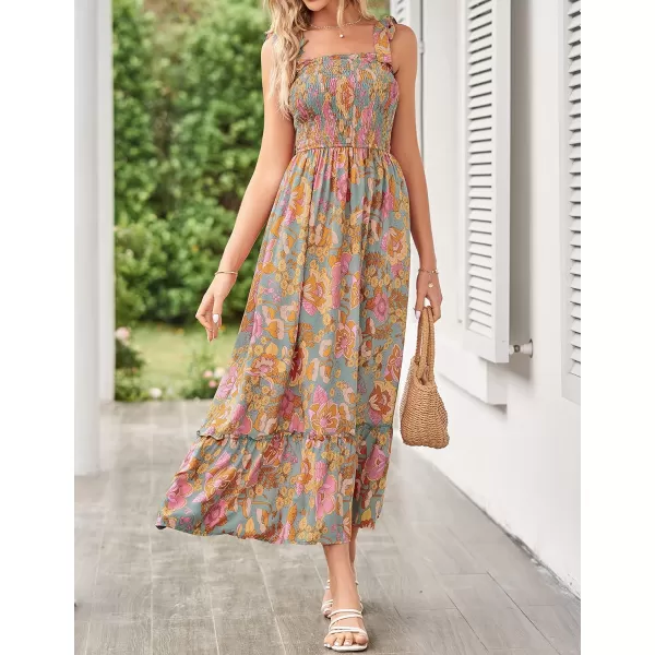 imageZESICA Womens Boho Summer Floral Print Tie Straps Sleeveless Square Neck Smocked Flowy Ruffle A Line Maxi DressGreygreen