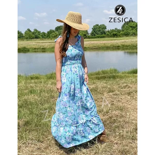 imageZESICA Womens Boho Summer Floral Print Tie Straps Sleeveless Square Neck Smocked Flowy Ruffle A Line Maxi DressLakeblue
