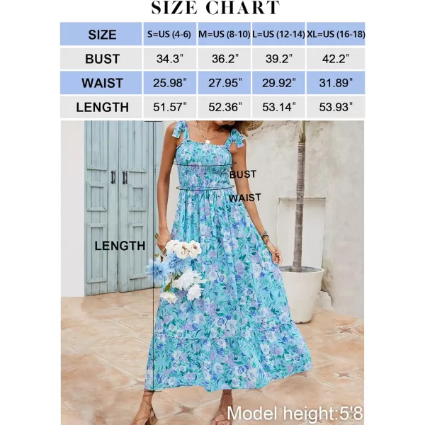 imageZESICA Womens Boho Summer Floral Print Tie Straps Sleeveless Square Neck Smocked Flowy Ruffle A Line Maxi DressLakeblue