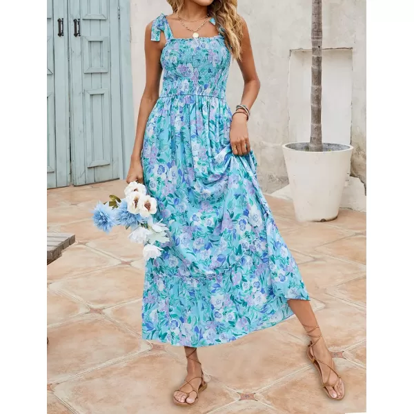imageZESICA Womens Boho Summer Floral Print Tie Straps Sleeveless Square Neck Smocked Flowy Ruffle A Line Maxi DressLakeblue