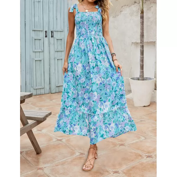 imageZESICA Womens Boho Summer Floral Print Tie Straps Sleeveless Square Neck Smocked Flowy Ruffle A Line Maxi DressLakeblue