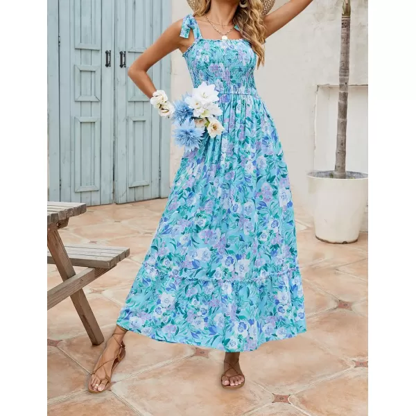 imageZESICA Womens Boho Summer Floral Print Tie Straps Sleeveless Square Neck Smocked Flowy Ruffle A Line Maxi DressLakeblue