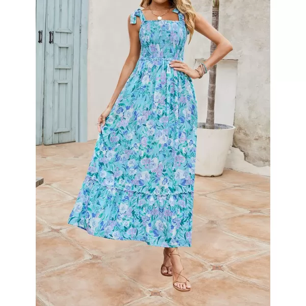 imageZESICA Womens Boho Summer Floral Print Tie Straps Sleeveless Square Neck Smocked Flowy Ruffle A Line Maxi DressLakeblue
