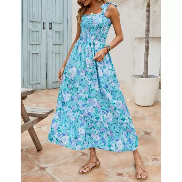 imageZESICA Womens Boho Summer Floral Print Tie Straps Sleeveless Square Neck Smocked Flowy Ruffle A Line Maxi DressLakeblue