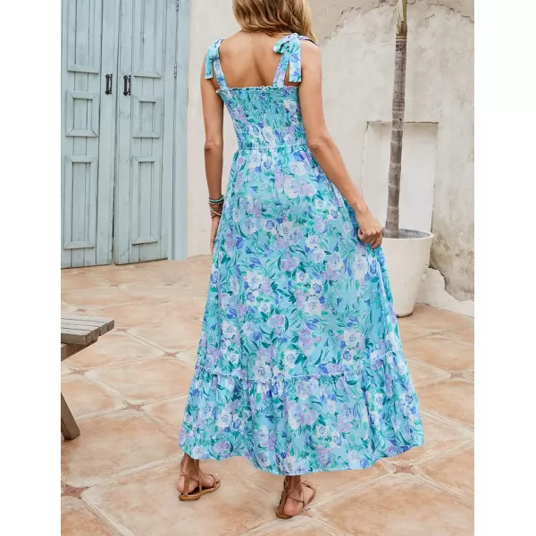 imageZESICA Womens Boho Summer Floral Print Tie Straps Sleeveless Square Neck Smocked Flowy Ruffle A Line Maxi DressLakeblue