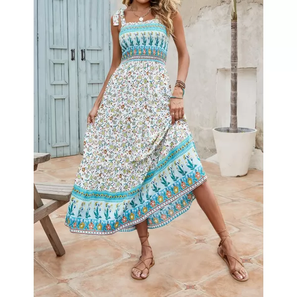 imageZESICA Womens Boho Summer Floral Print Tie Straps Sleeveless Square Neck Smocked Flowy Ruffle A Line Maxi DressLightgreen